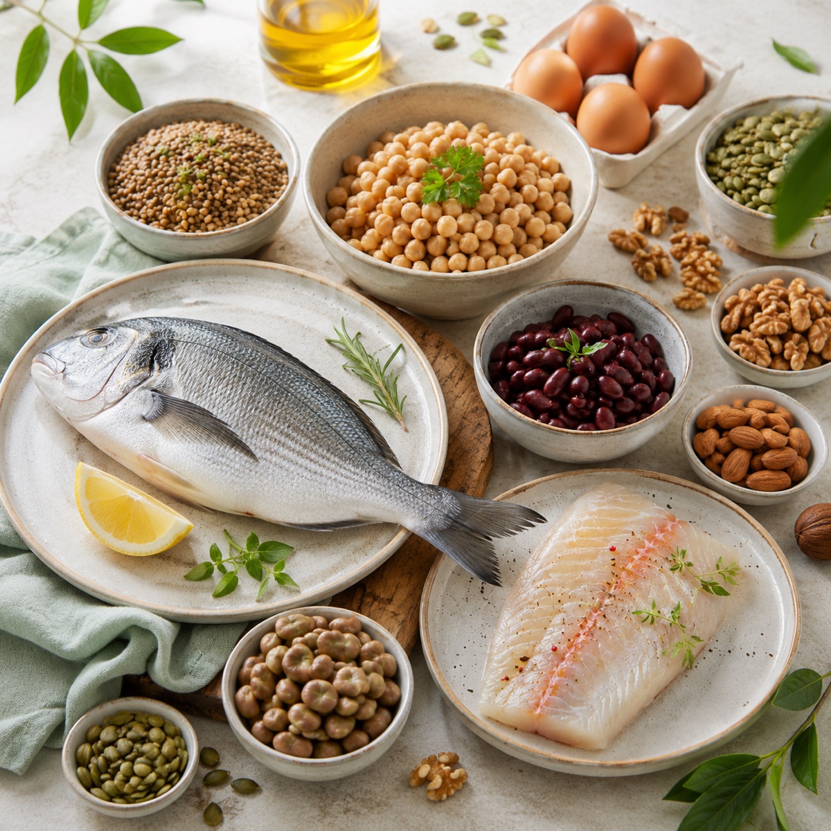 Pesce, legumi, uova e frutta secca