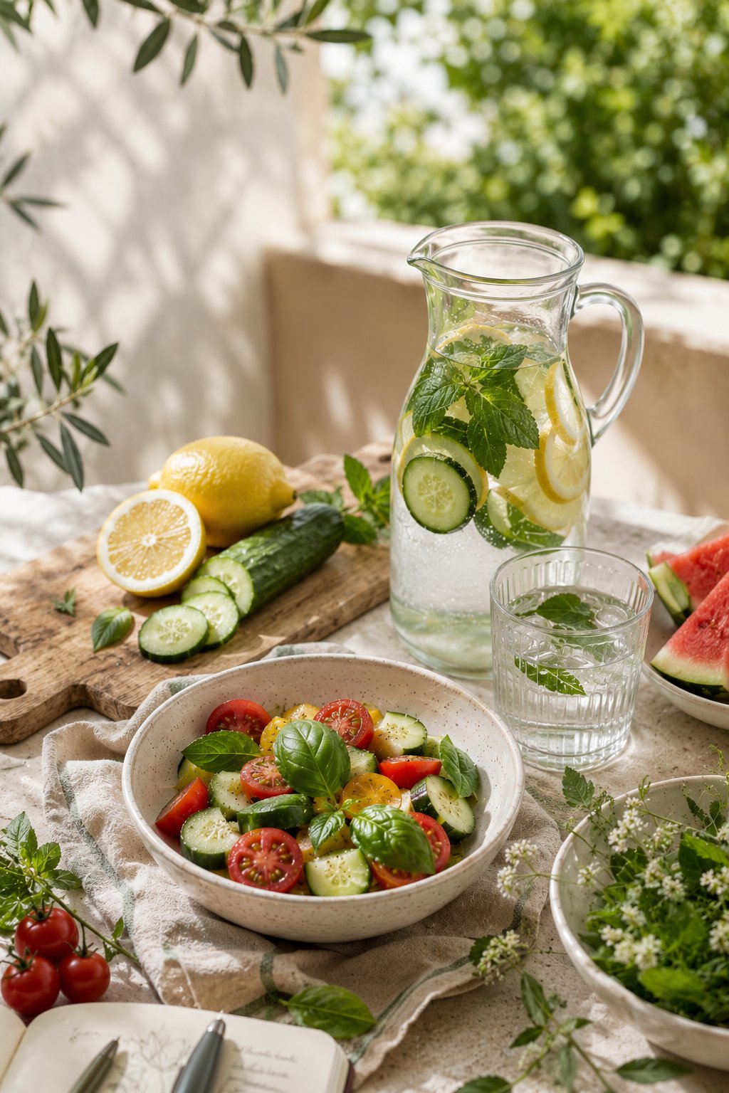 Tavola sana, verdure fresche e acqua aromatizzata